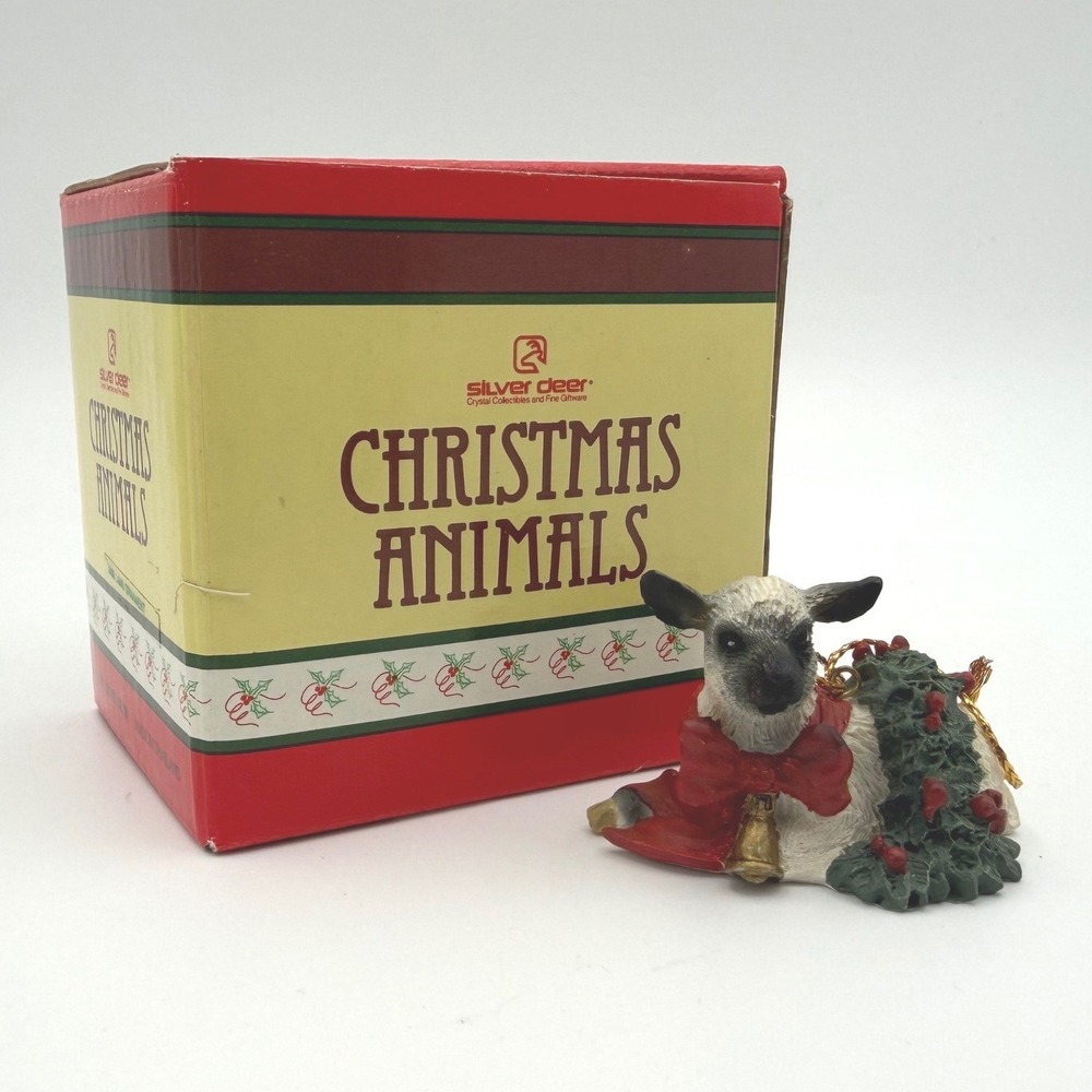 Silver Deer Christmas Animals Lamb Ornament 1990 Tom Rubel White Red‎ Boxed